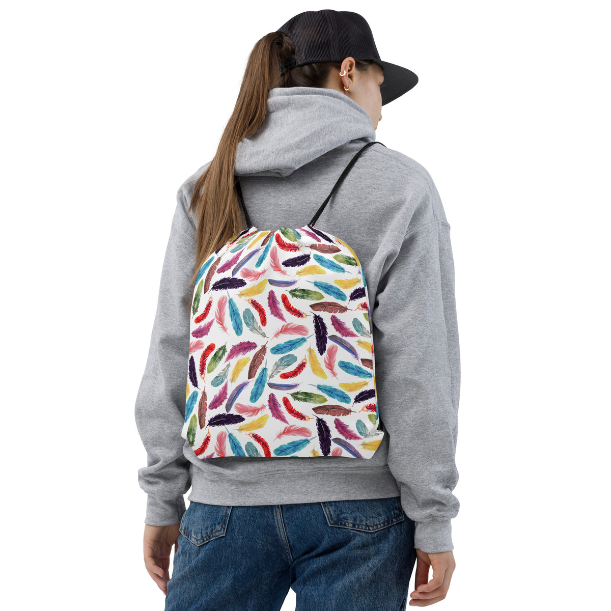 Colorful Feathers Drawstring Bag