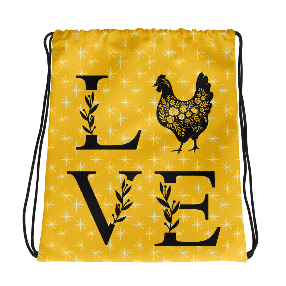 Yellow Chicken Love Drawstring Bag