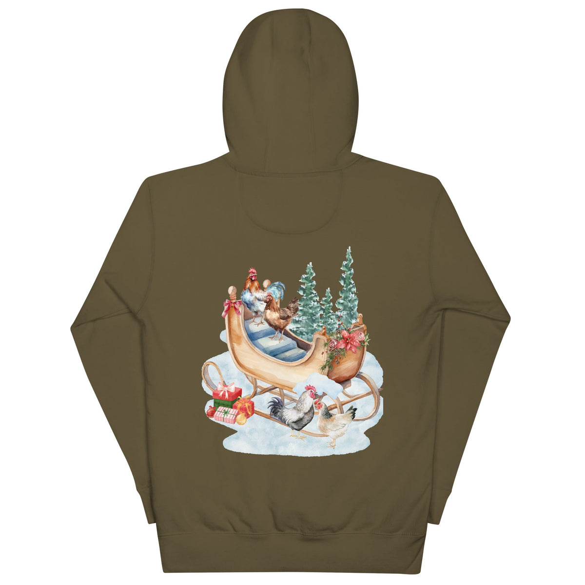 Chicken Winter Sleigh BACK PRINT Unisex Hoodie - Cluck It All Farms