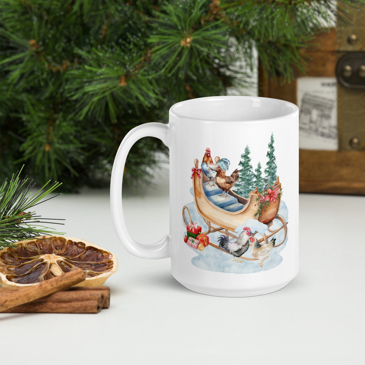 Chicken Winter Sleigh White Glossy Mug - Cluck It All Farms