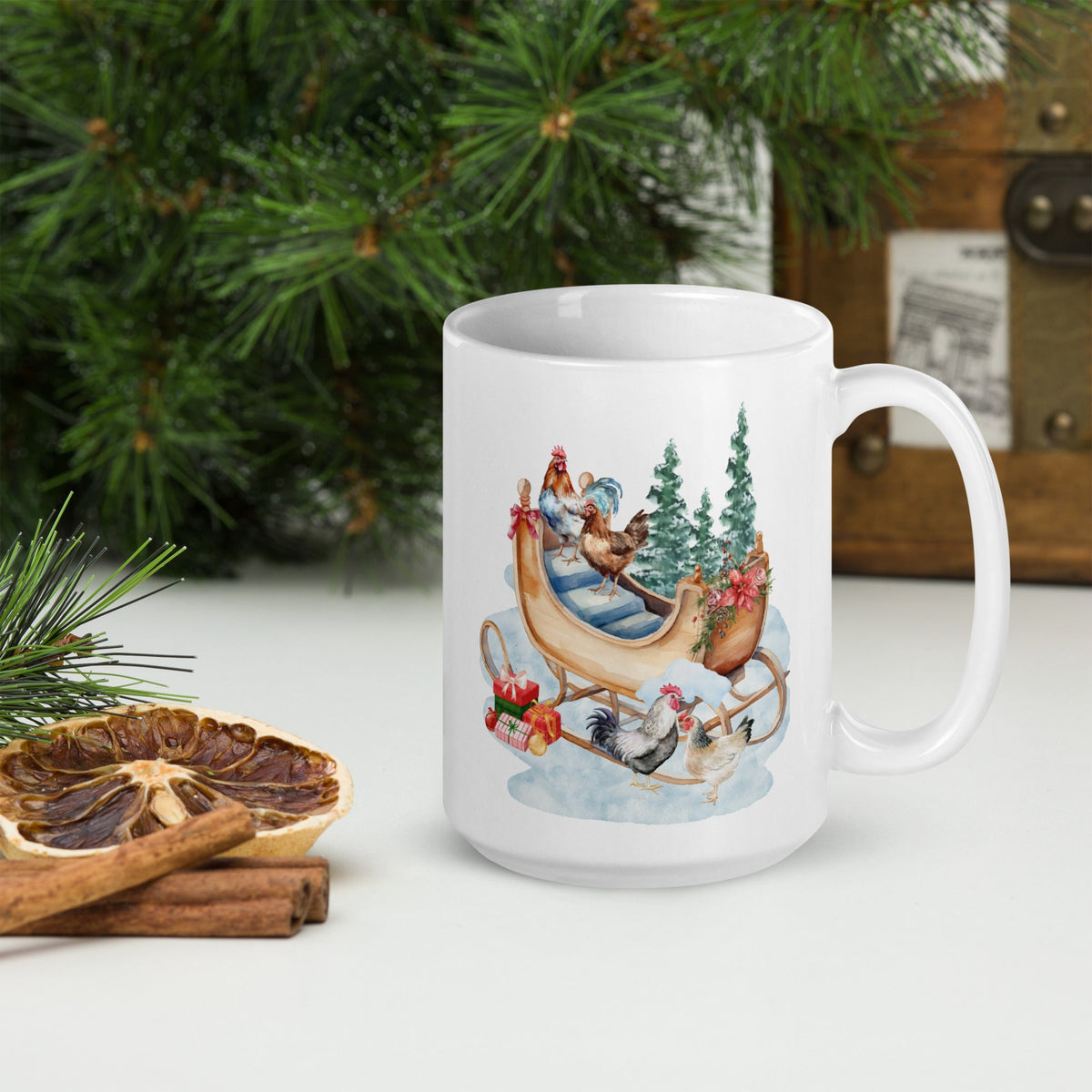 Chicken Winter Sleigh White Glossy Mug - Cluck It All Farms