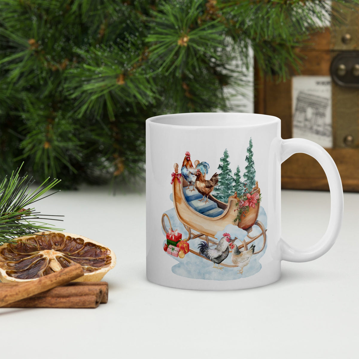 Chicken Winter Sleigh White Glossy Mug - Cluck It All Farms