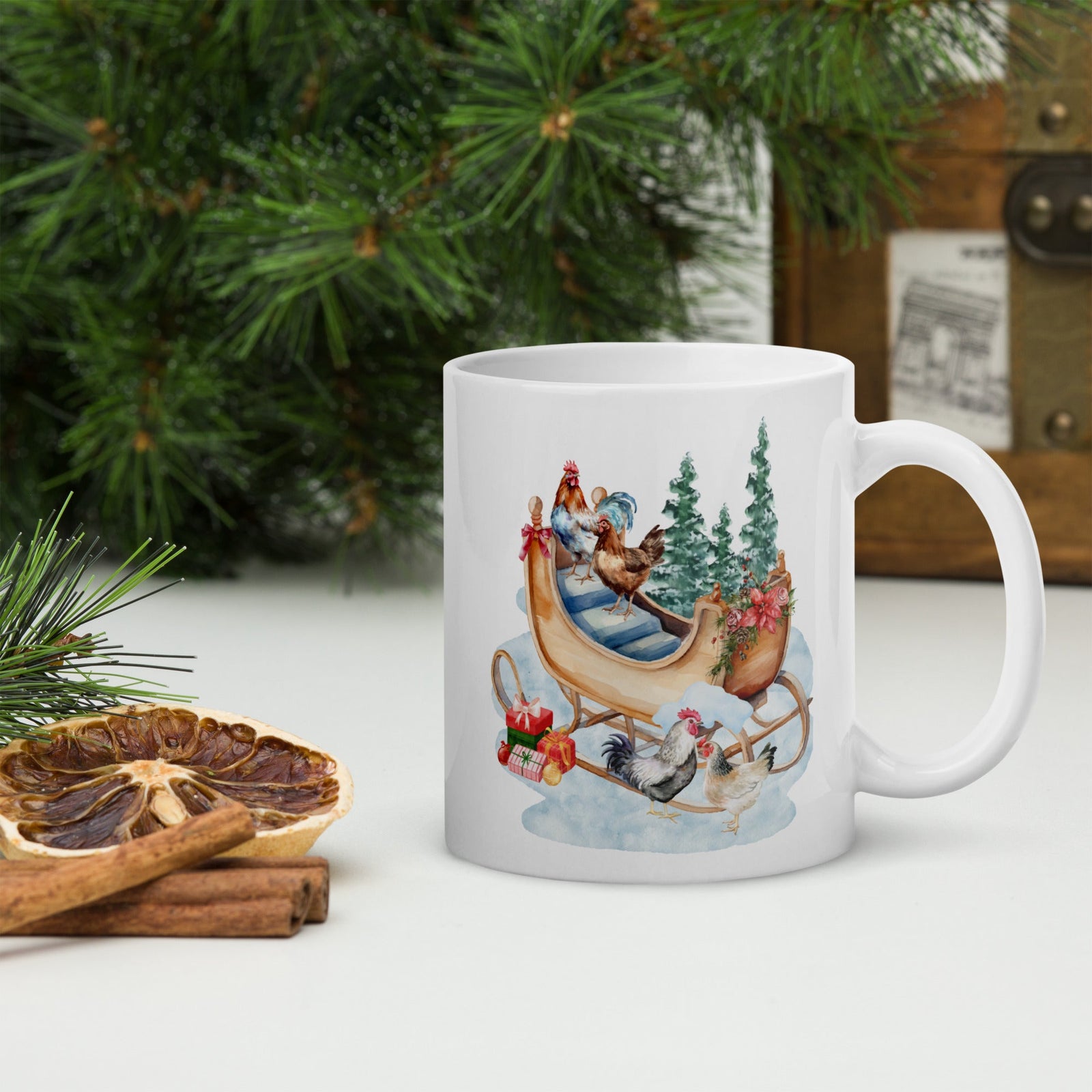 Chicken Winter Sleigh White Glossy Mug - Cluck It All Farms