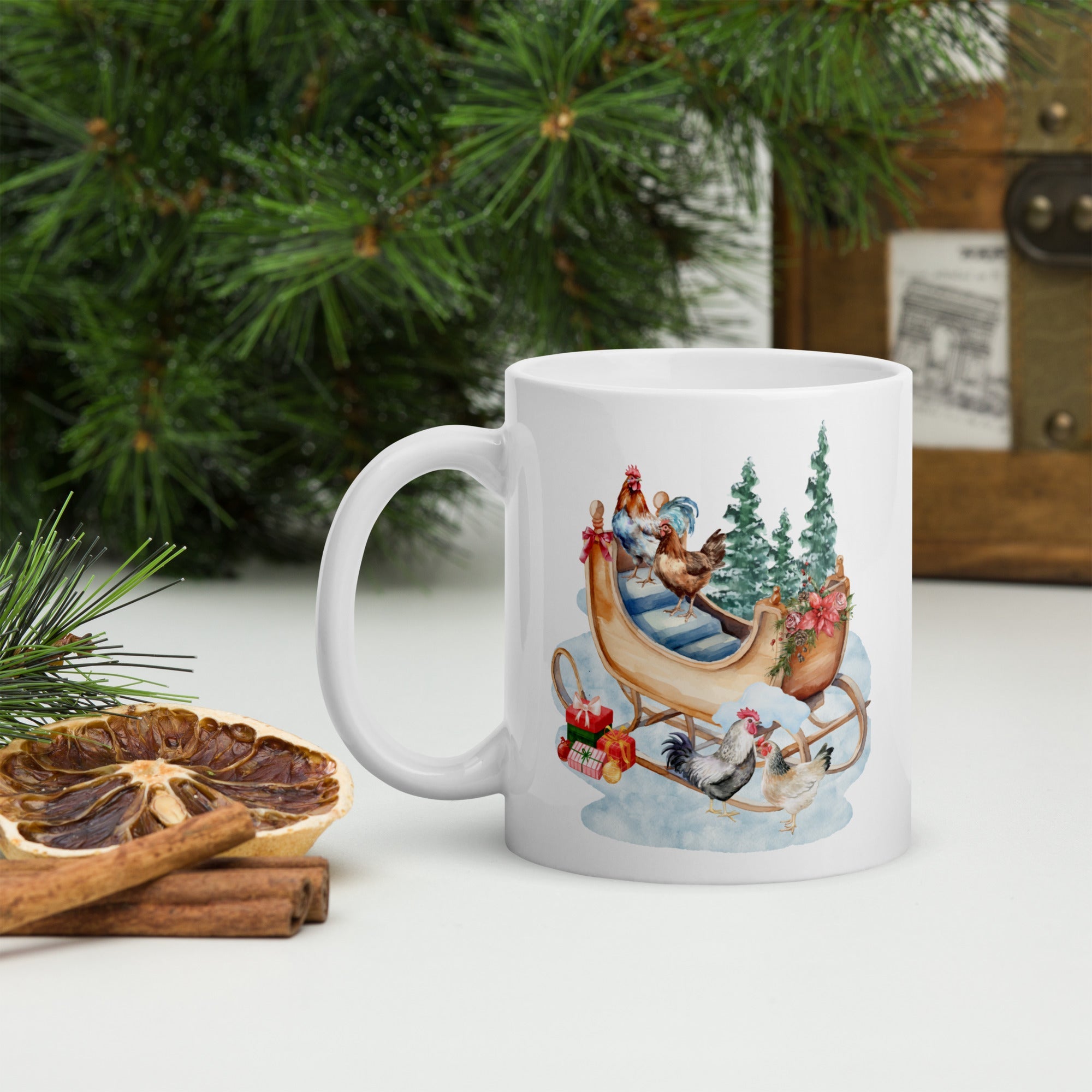 Chicken Winter Sleigh White Glossy Mug - Cluck It All Farms