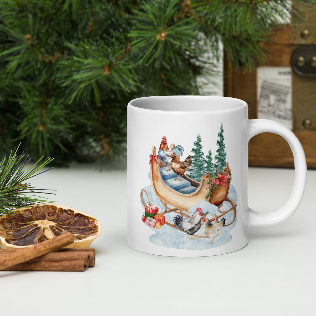 Chicken Winter Sleigh White Glossy Mug - Cluck It All Farms