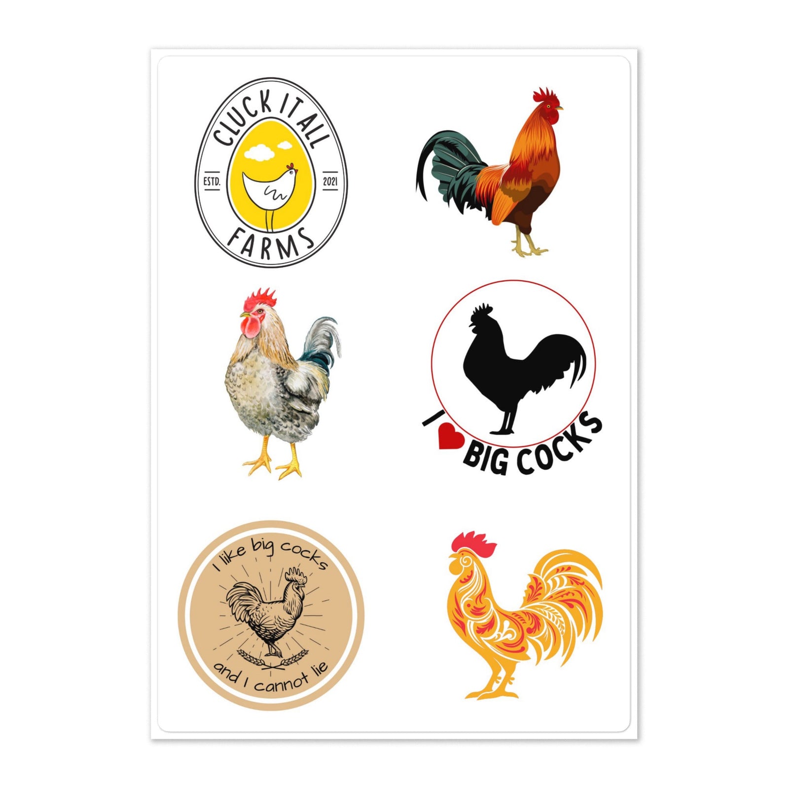 Cocky Chicken Sticker Sheet - Cluck It All Farms