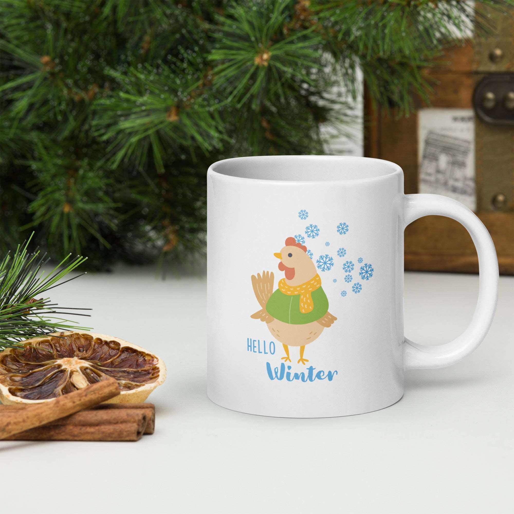 Hello Winter Chicken Glossy White Mug - Cluck It All Farms