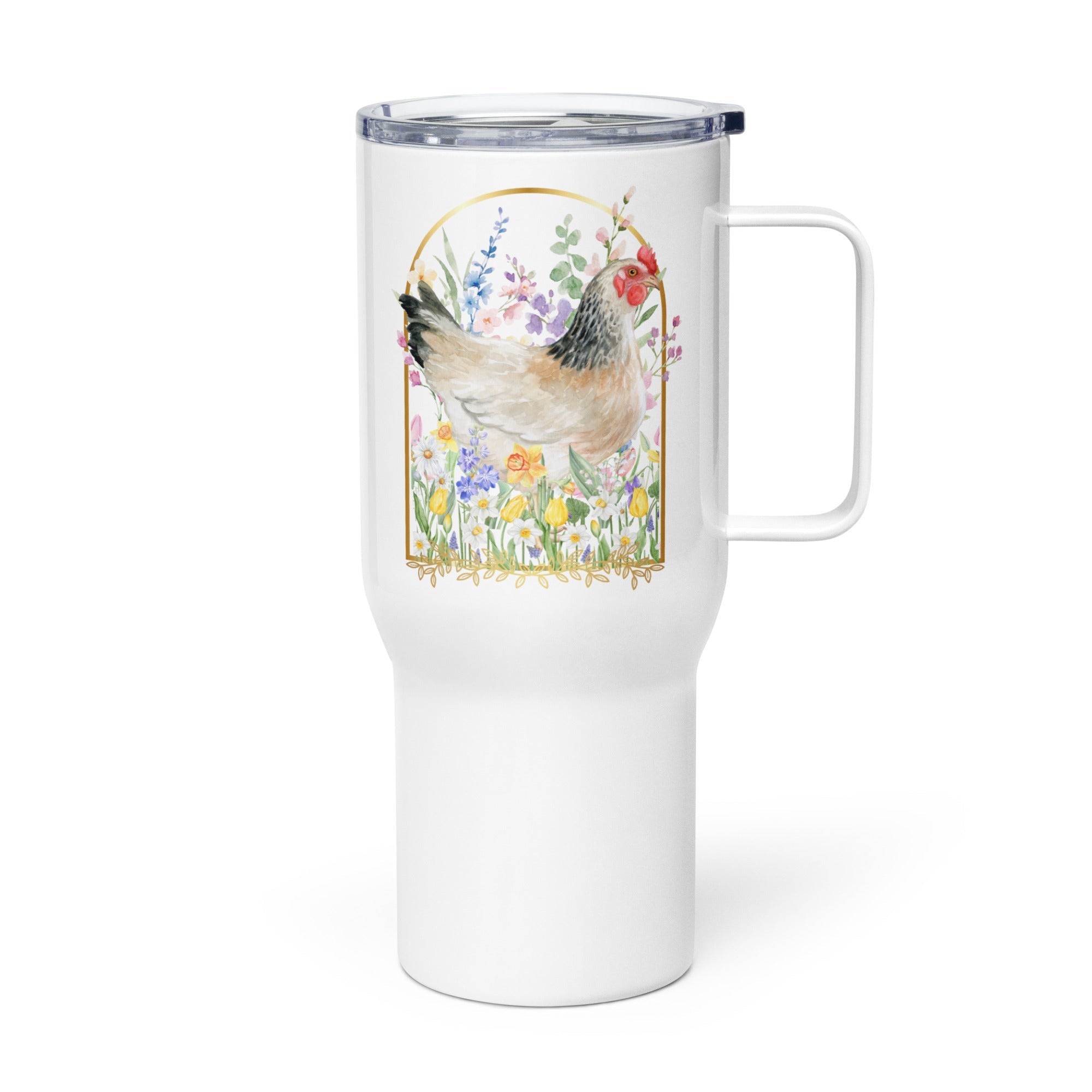 Spring Meadow Chicken Travel Mug with Handle - Cluck It All Farms