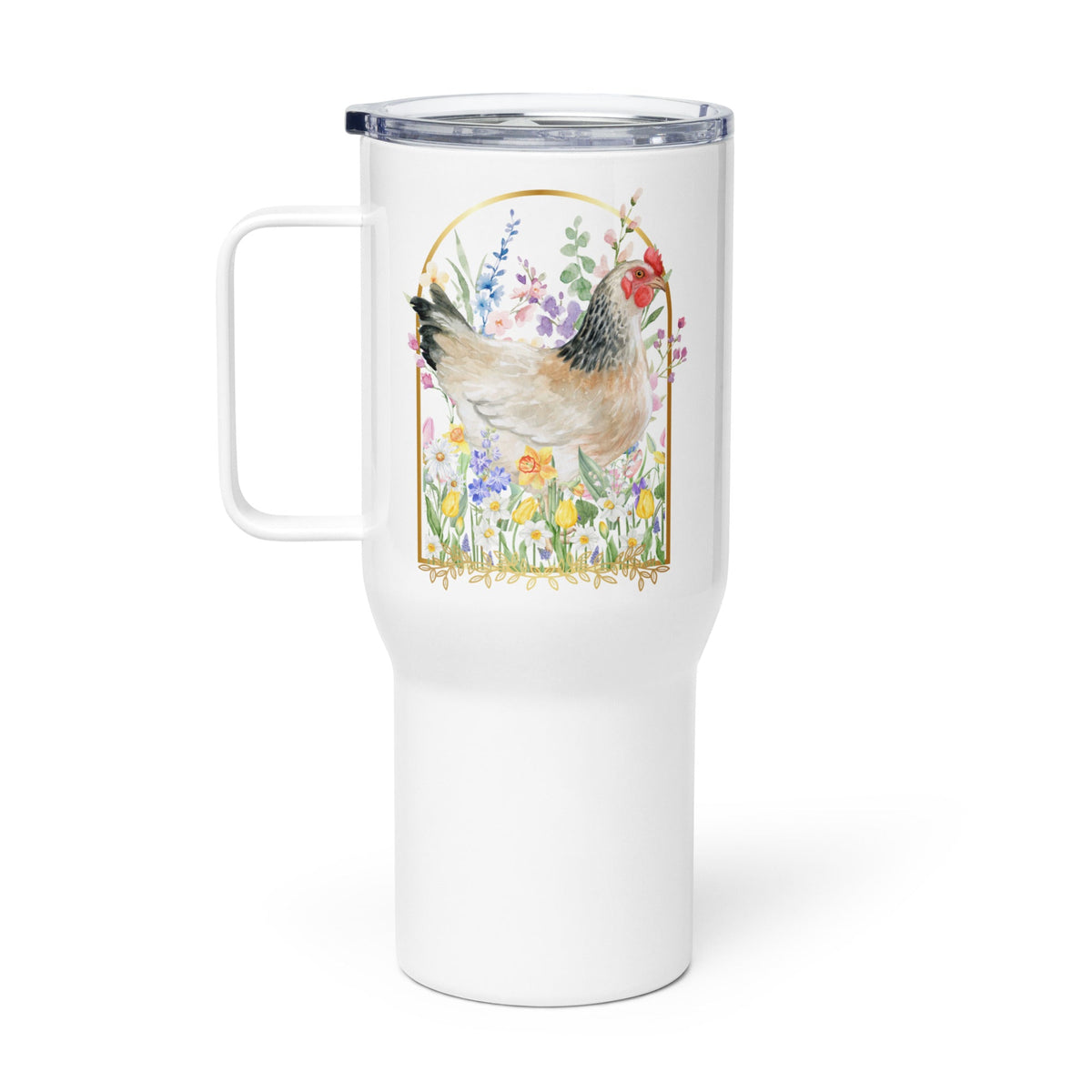 Spring Meadow Chicken Travel Mug with Handle - Cluck It All Farms