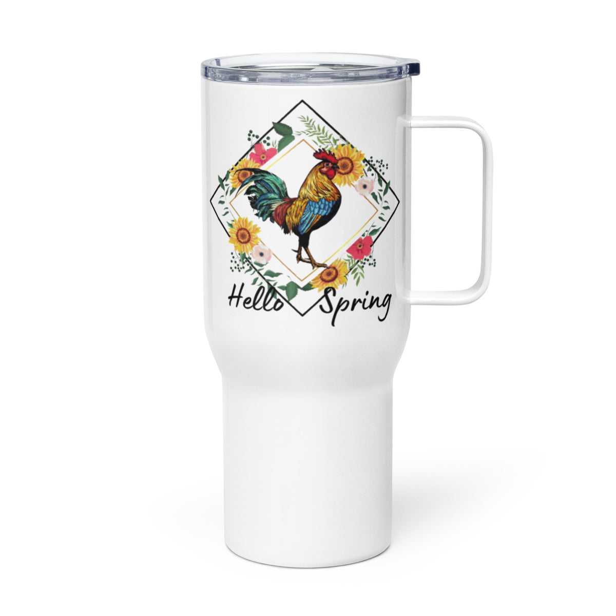 Hello Spring Colorful Rooster Travel Mug w/ Handle