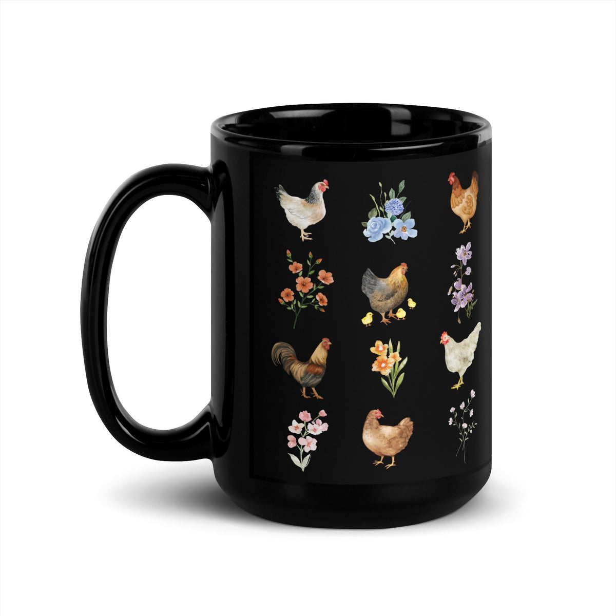 Watercolor Floral Chicken Black Glossy Mug - Cluck It All Farms