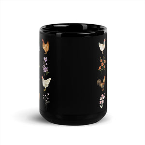 Watercolor Floral Chicken Black Glossy Mug - Cluck It All Farms