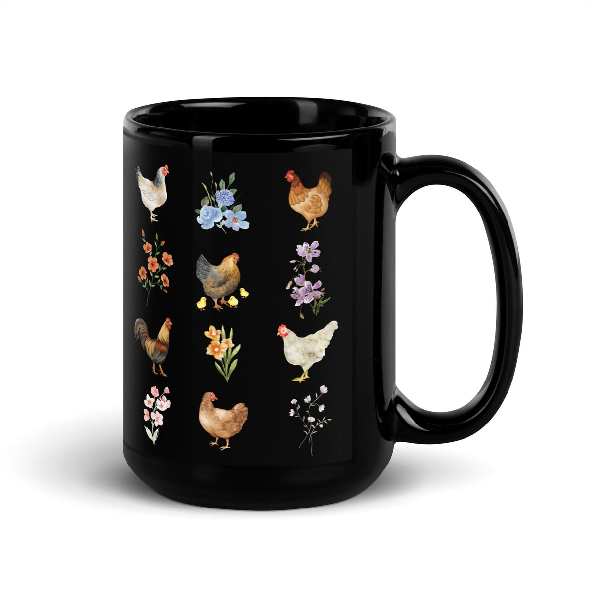 Watercolor Floral Chicken Black Glossy Mug - Cluck It All Farms