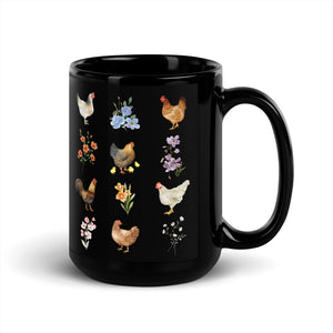 Watercolor Floral Chicken Black Glossy Mug - Cluck It All Farms