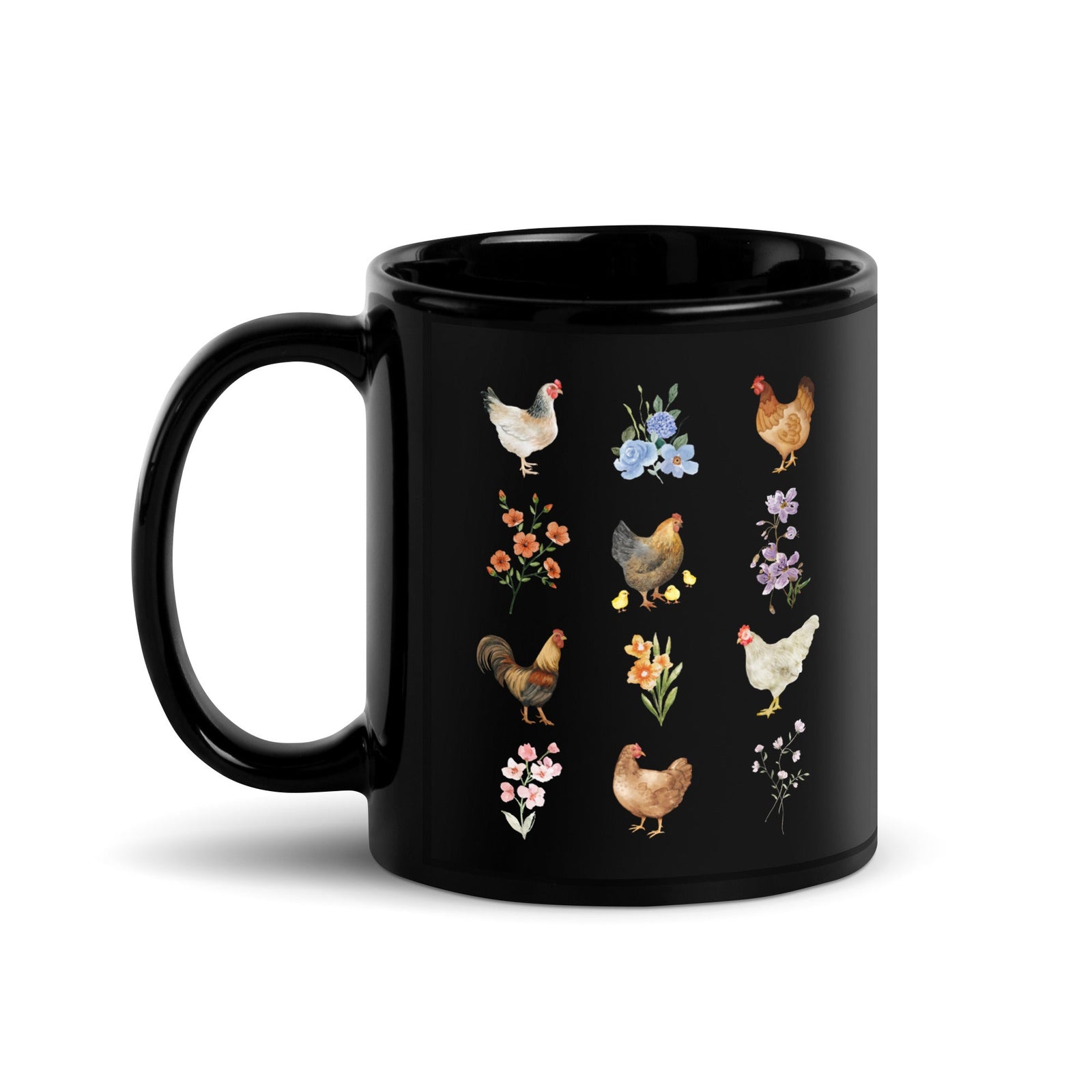 Watercolor Floral Chicken Black Glossy Mug - Cluck It All Farms