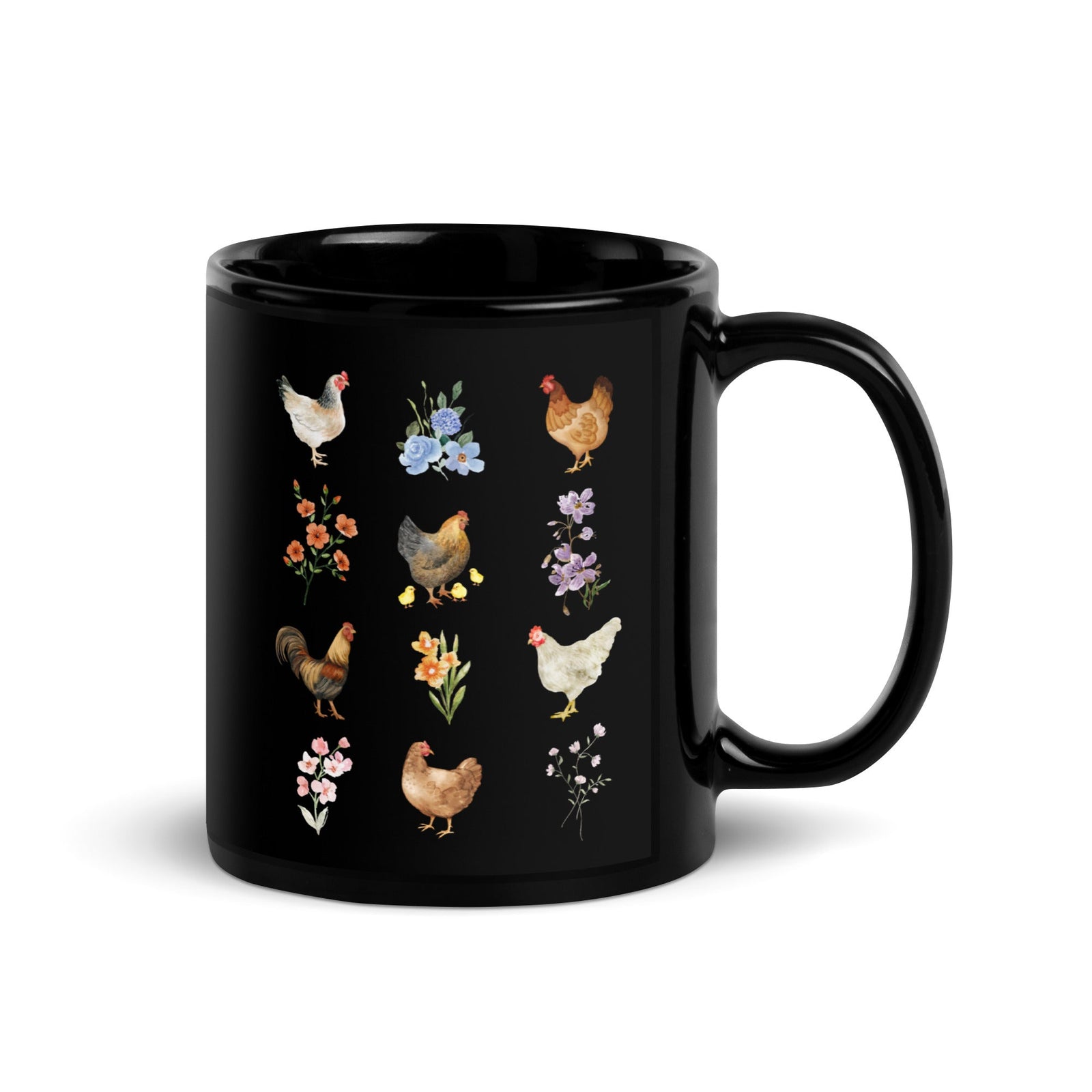 Watercolor Floral Chicken Black Glossy Mug - Cluck It All Farms