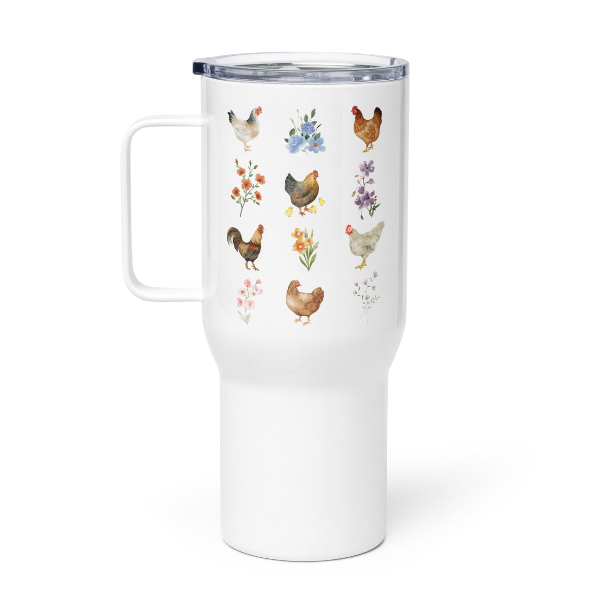 Watercolor Floral Chicken Travel Mug With Handle - Cluck It All Farms