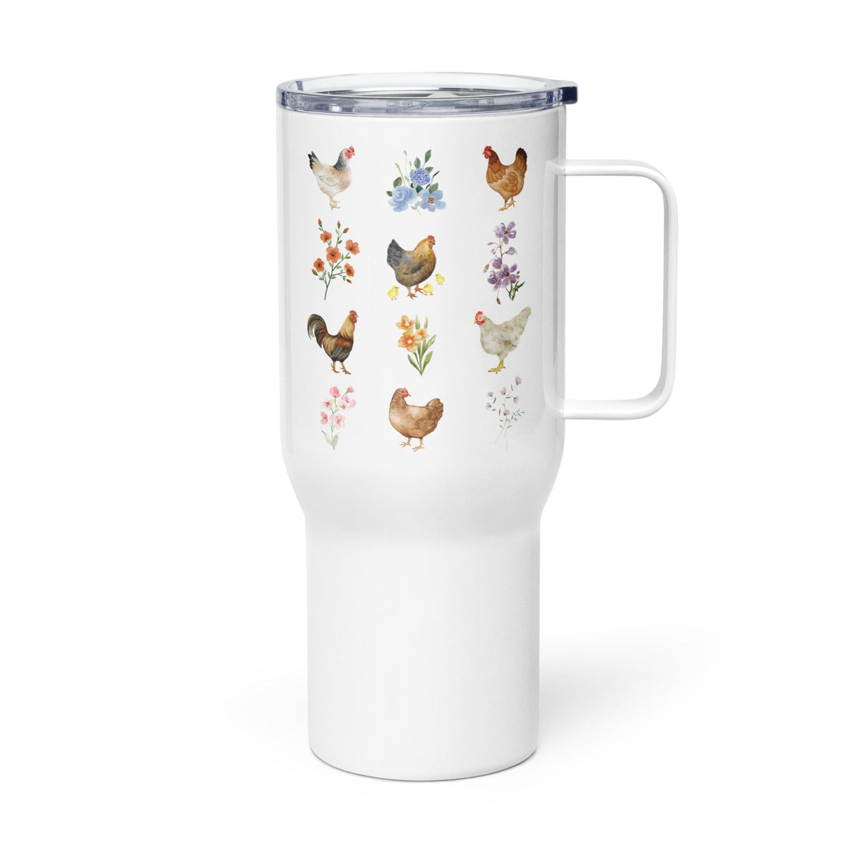 Watercolor Floral Chicken Travel Mug With Handle - Cluck It All Farms