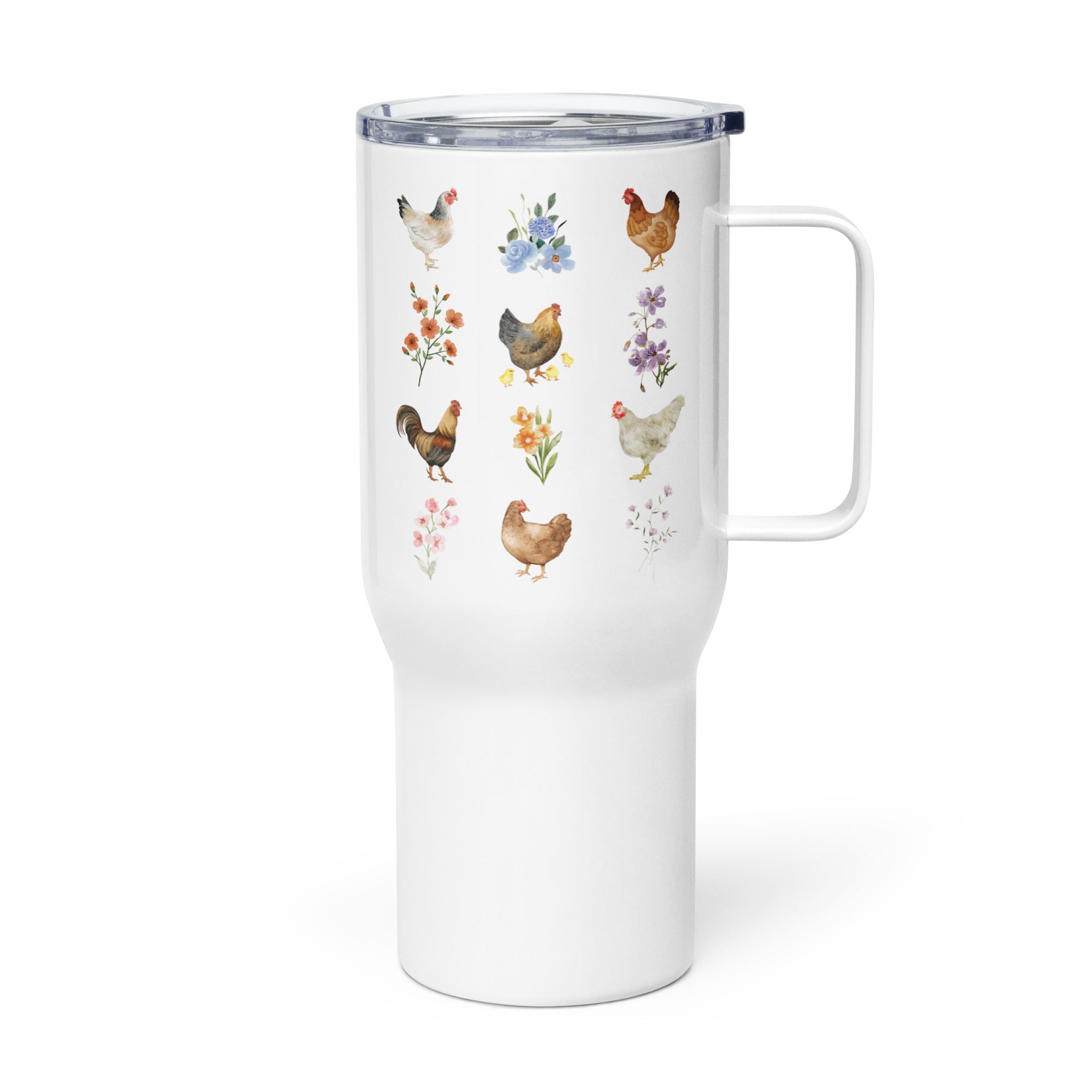 Watercolor Floral Chicken Travel Mug With Handle - Cluck It All Farms