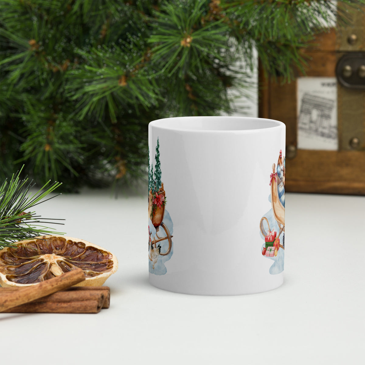 Chicken Winter Sleigh White Glossy Mug