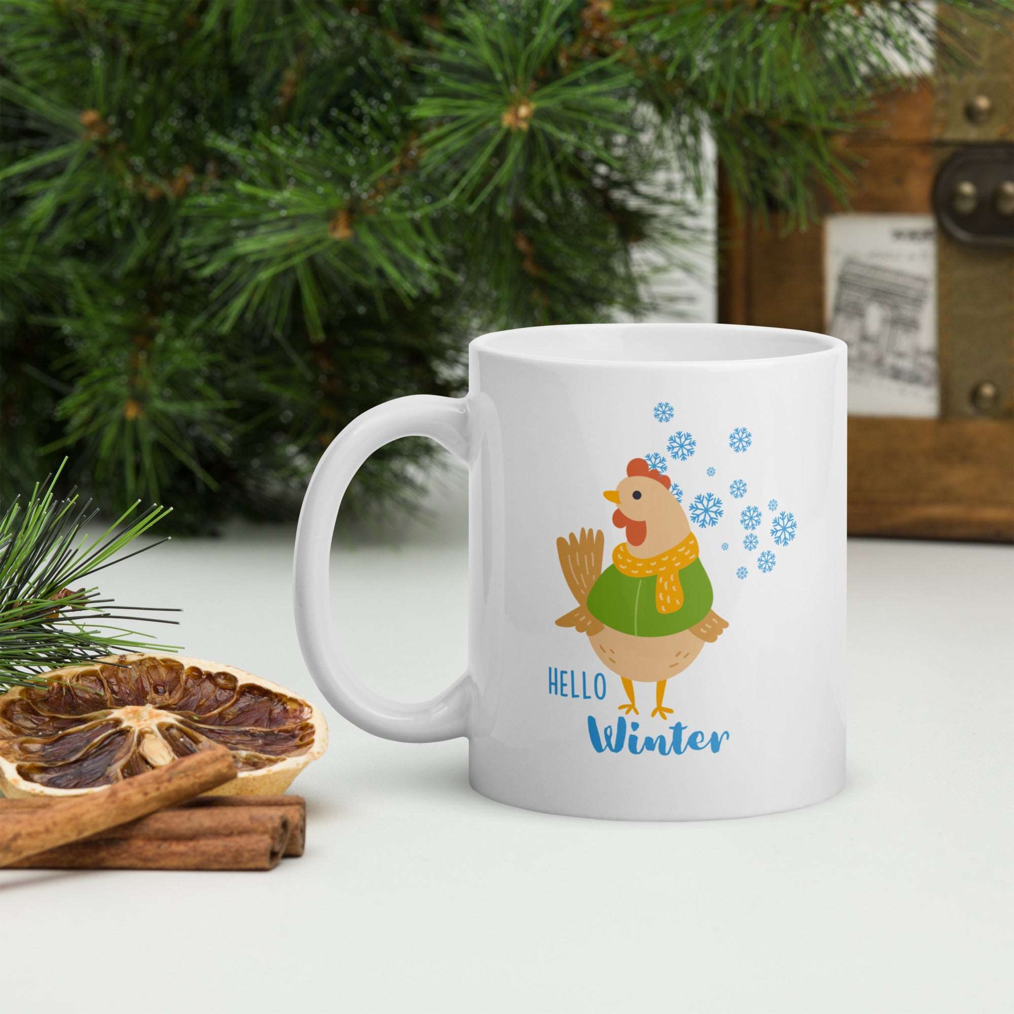 Hello Winter Chicken Glossy White Mug