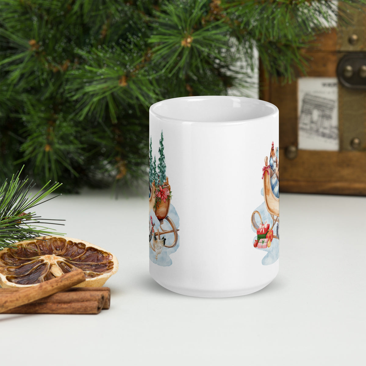 Chicken Winter Sleigh White Glossy Mug