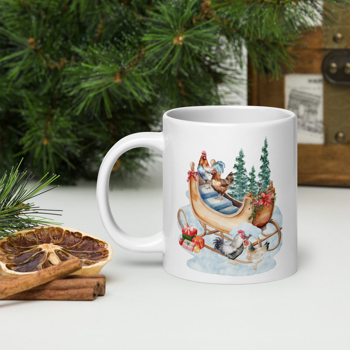 Chicken Winter Sleigh White Glossy Mug