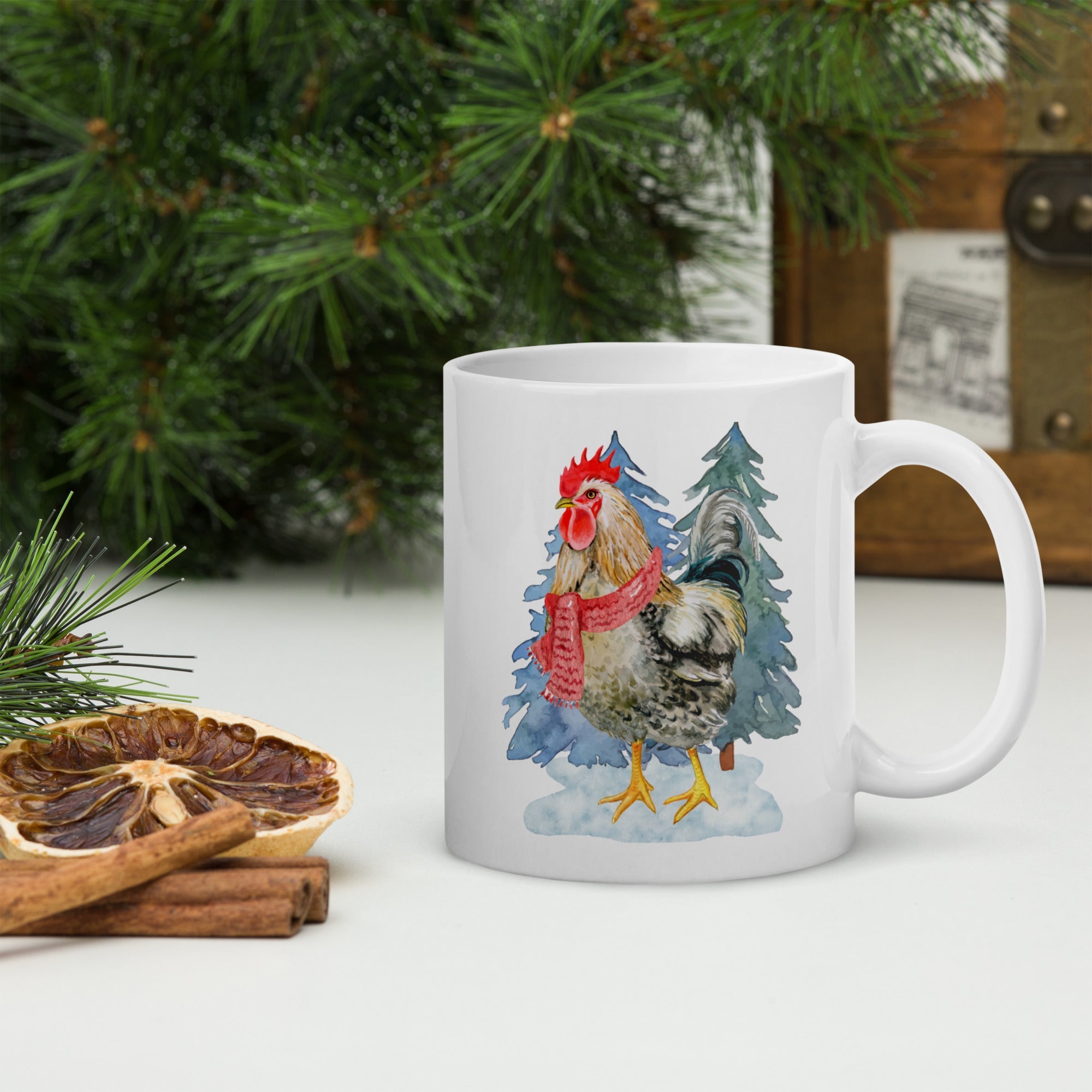 Winter Rooster White Glossy Mug - Cluck It All Farms