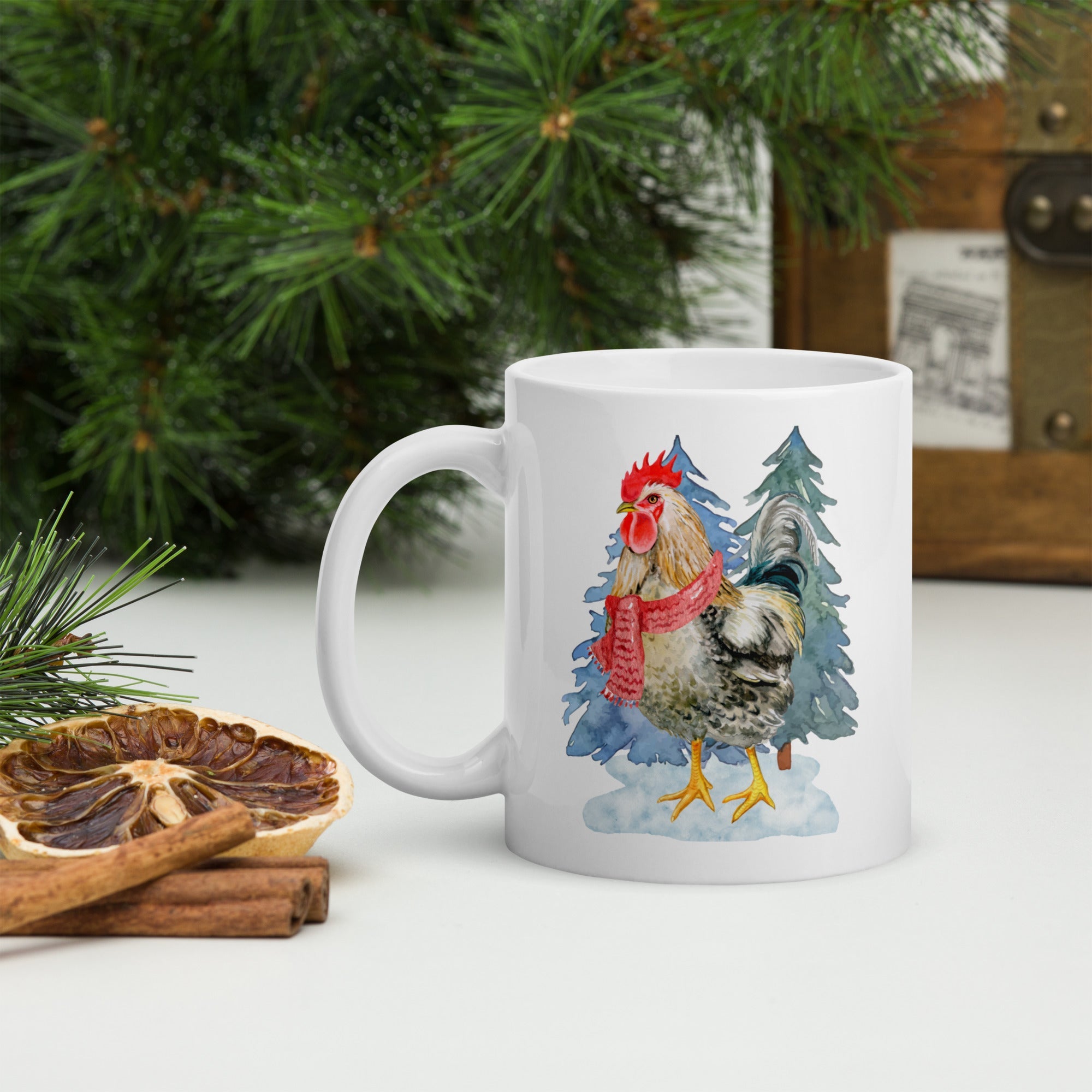 Winter Rooster White Glossy Mug - Cluck It All Farms