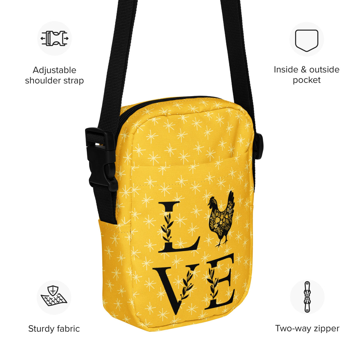 Yellow Chicken Love Utility Crossbody Bag - Cluck It All Farms